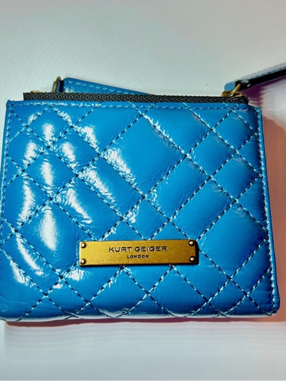 Kurt Geiger Quilted Patent Blue Wallet with Gold Plaque